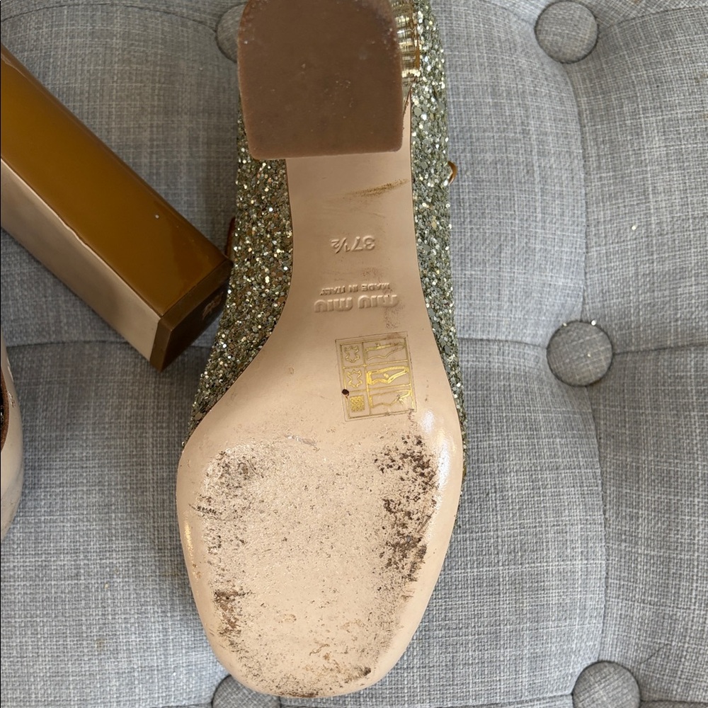 Miu Miu Gold Glitter Mary Jane Block Heels – Size 37.5 - Picture 12 of 15